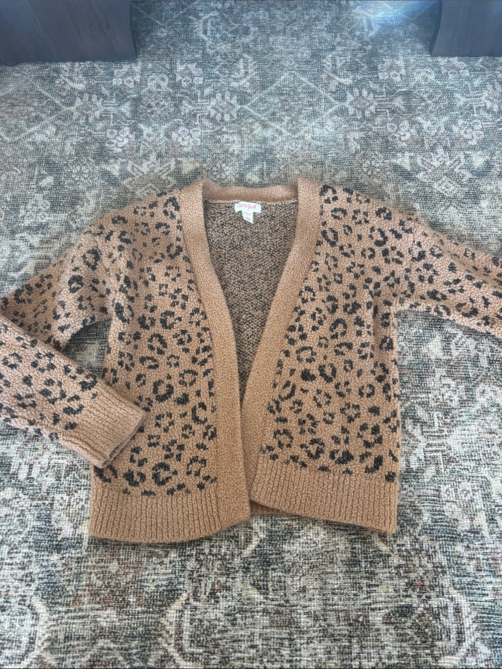 Girls Cozy Leopard Print Open Cardigan Sweater - Tan/Black